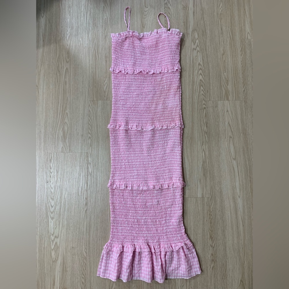 PinkBlush gingham smocked ruffle trim midi bodycon dress nwot - Picture 7 of 7